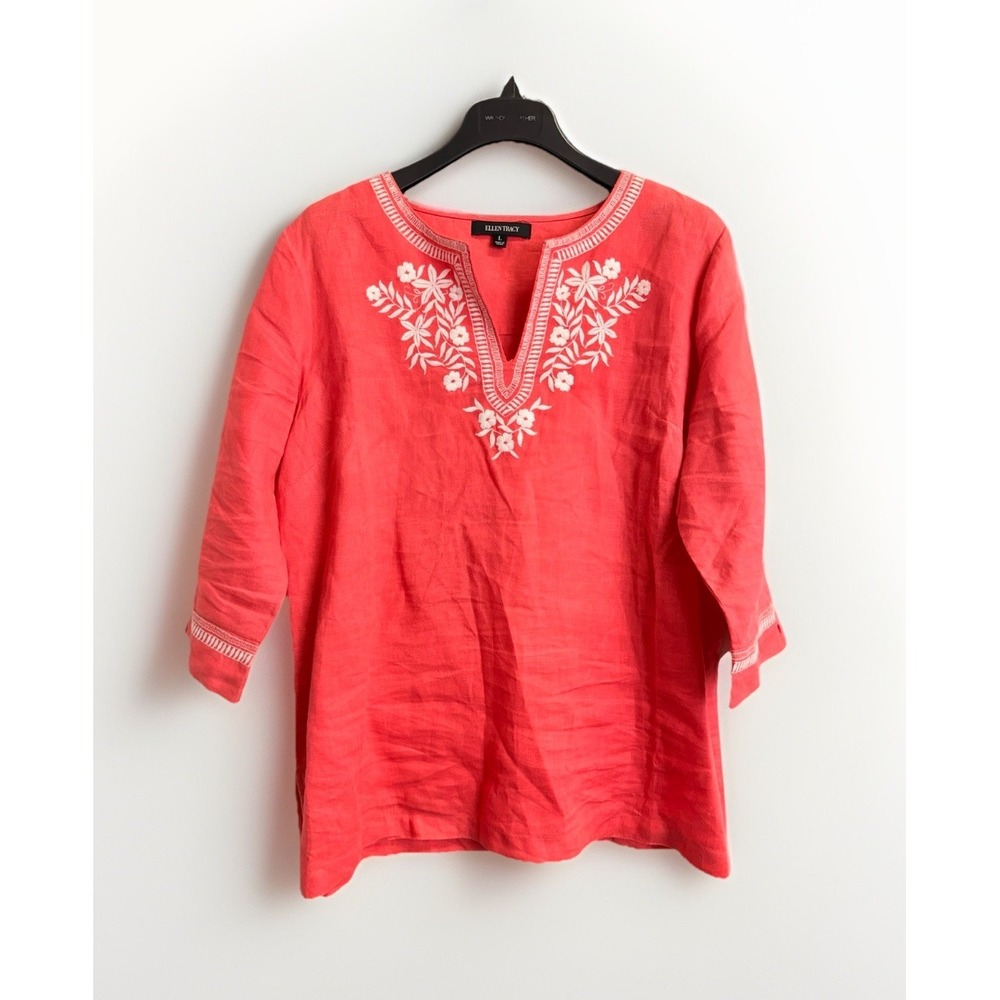 Ellen Tracy Women's Size L Floral Embroidered 100% Linen Tunic Top Salmon